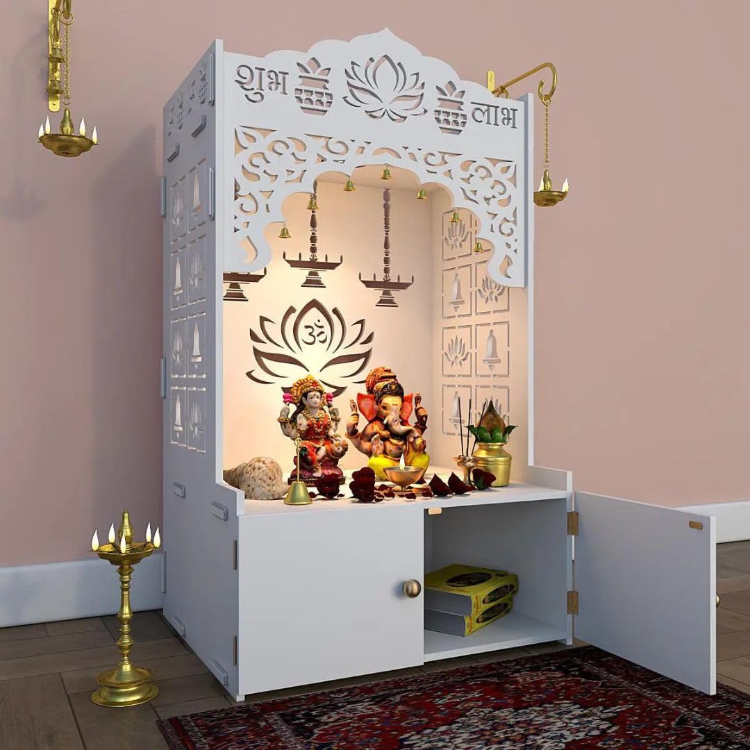 Lotus Tranquility Wooden Pooja Mandir for Home with Spacious Shelf & Inbuilt Focus Light - - Temple for Home Floor Rested Pooja Mandir with Doors 31