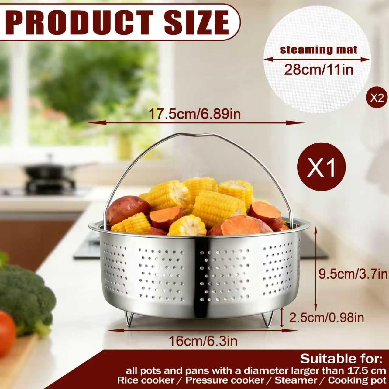 Vaporera de acero inoxidable 304 para ollas, 17,5 cm, ideal como colador para ollas y ollas a presión, para cocinar al vapor de verduras, frutas, huevos (plateado)
