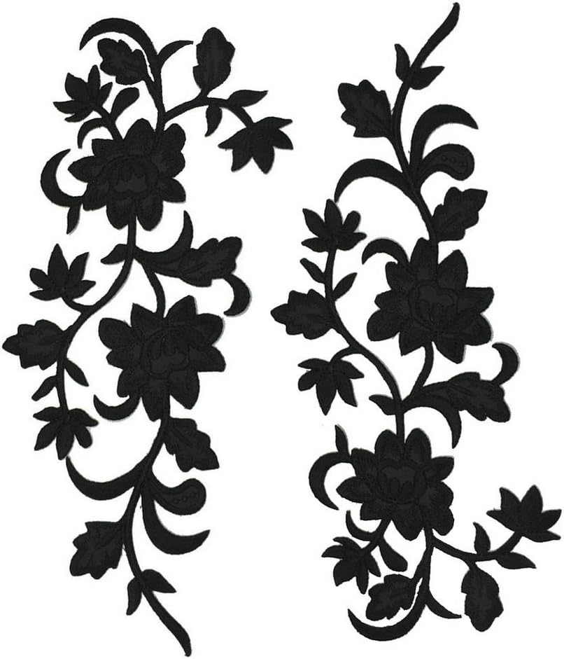 2pcs Black Flowers Iron On Patches Garment Applique Embroidery DIY Accessory Cheongsam Skirt Clothes 31X15cm(Black A)