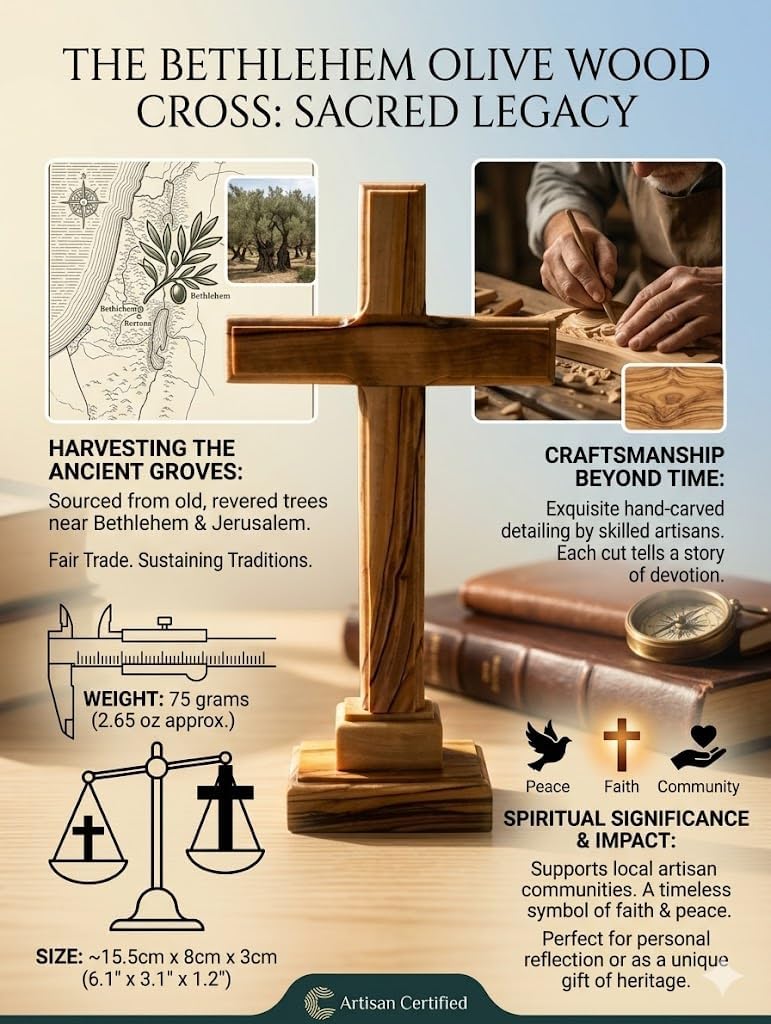 Zuluf Olive Wood Standing Cross 6 Inch Nightstand Bedside Desk Keepsake, Hand Carved in Bethlehem Christian Gift with Base, Small Latin Tabletop Devotional Faith Decor