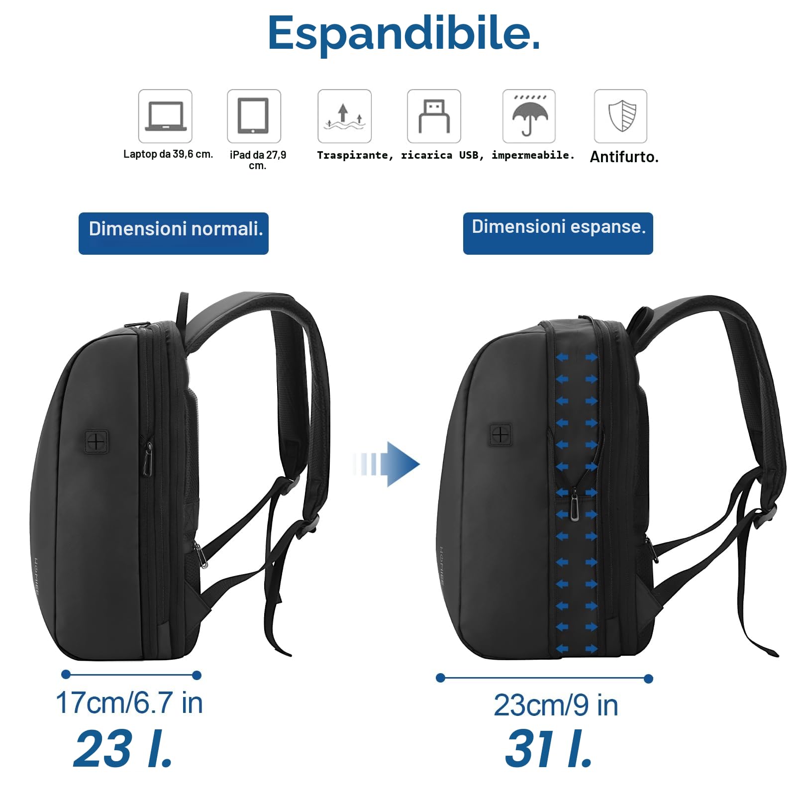 HOMIEE Zaino Antifurto Impermeabile Zaini Uomo Espandibile Zaino Porta PC per Computer 15.6 Pollici con Caricatore USB Zaini Lavoro Uomo Donna Viaggi Ufficio Anti Ladro