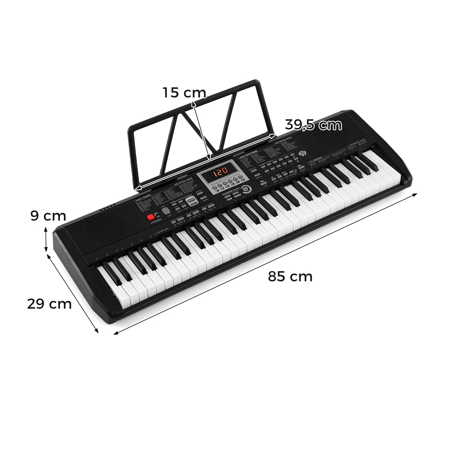 GOPLUS Klawiatura elektroniczna 61 przycisków, pianino elektryczne z 200 dźwiękami, 200 rytmami i wyświetlaczem LED, pianino cyfrowe z głośnikiem, mikrofonem, stojakiem na nuty i słuchawkami