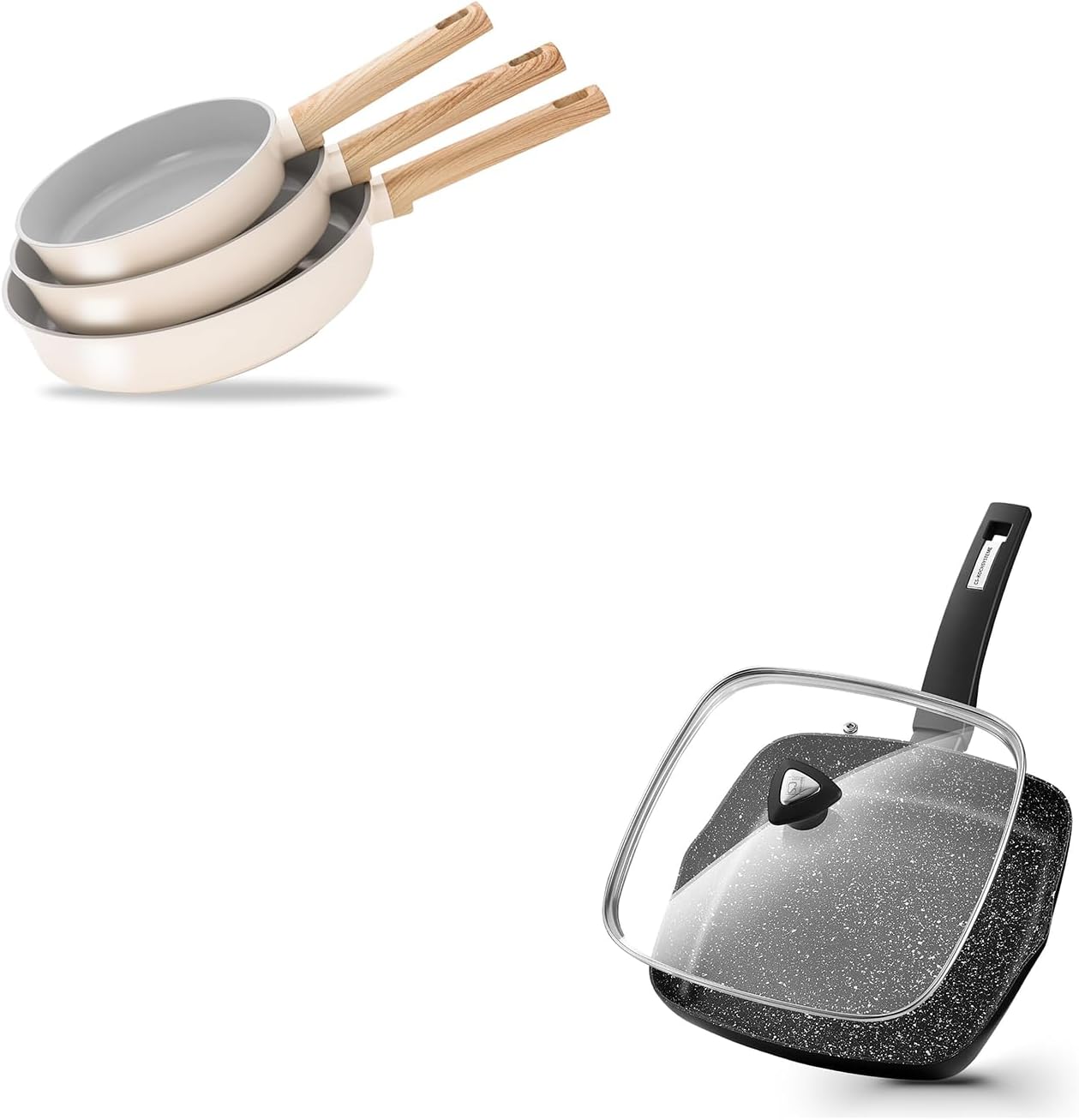 KOCH SYSTEME CS Nonstick Grill Pan 11 Inch & 3pcs Fryingpan Set, Bakelite Handle, Compatible with All Stovetops, Toxic-Free, PTFE & PFOA Free