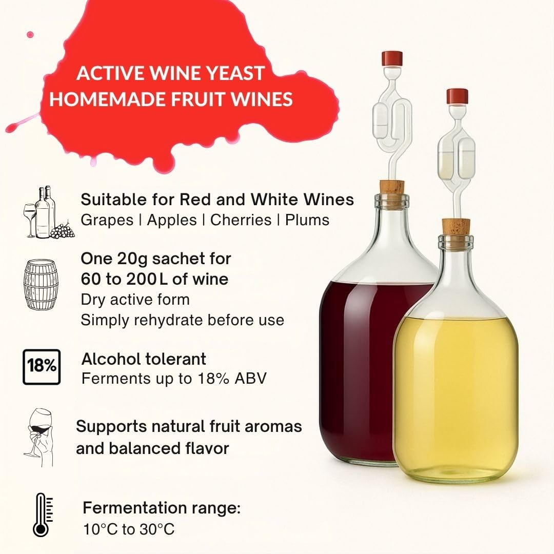 AlcoFermBrew 5 x Lievito per Vini Bianchi e Frizzanti 20g - Lievito di Vino in Polvere