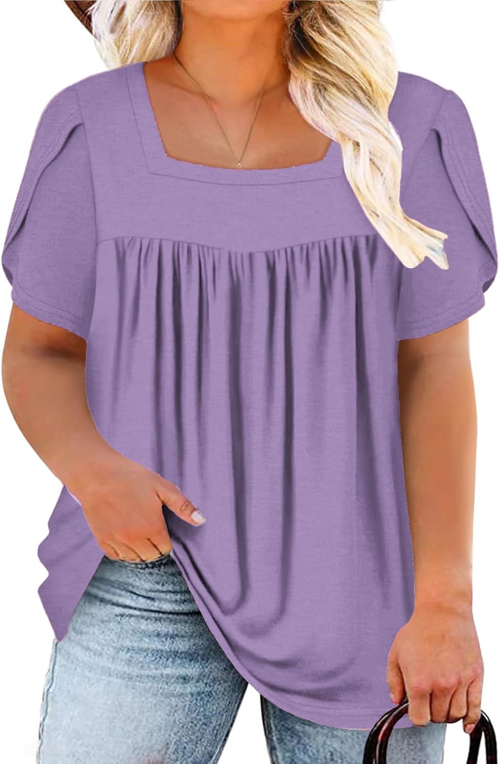 VISLILY Womens-Plus-Size-Summer-Tops Petal Short Sleeve T Shirts Square Neck Blouses Flowy Pleated Tunics XL-5XL