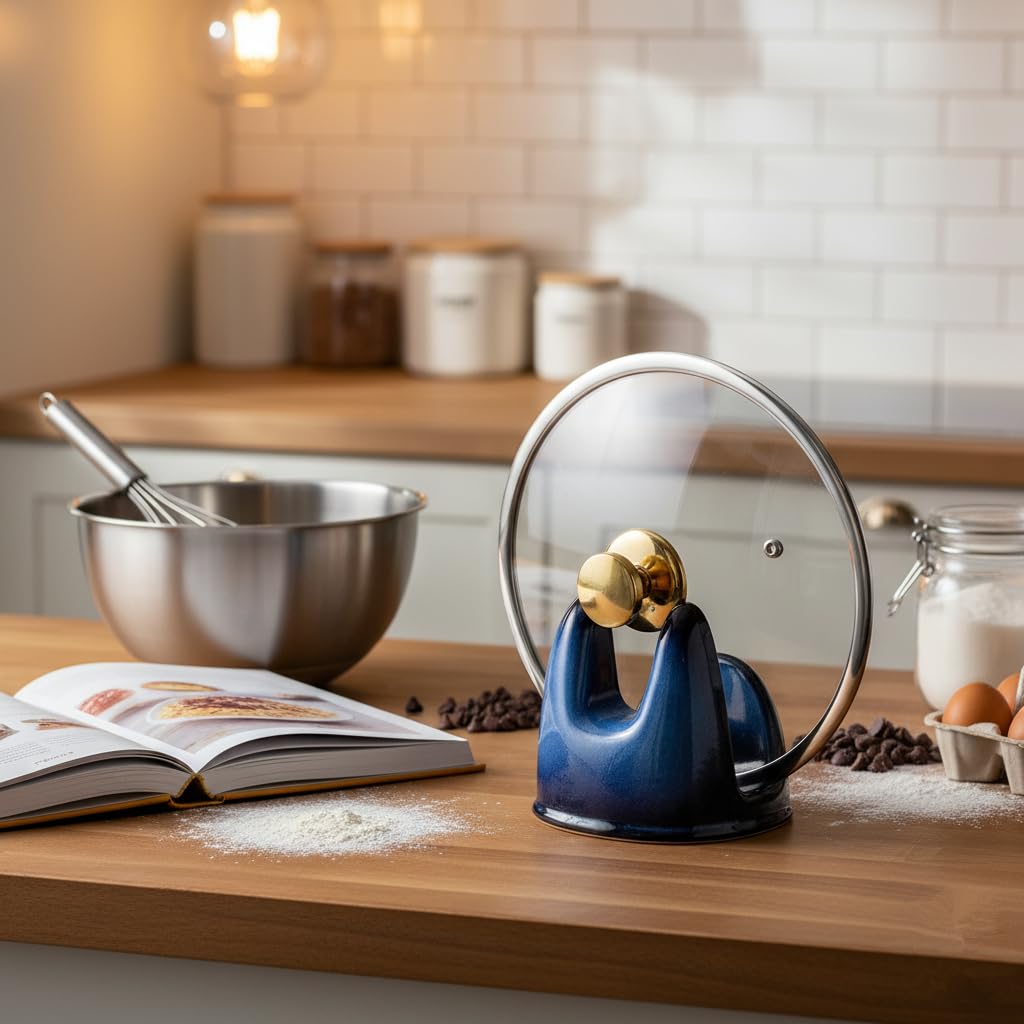 Nihow Soporte para tapa de olla: soporte estable para tapa de sartén para encimera de cocina, soporte resistente al calor, soportes de cerámica, esponja, tabla de cortar, libro de cocina, tableta
