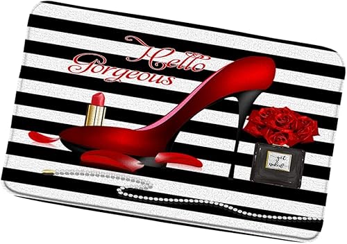 ZZYSKS Alfombra de baño de moda para niña, tacones altos, botella de perfume, maquillaje, rayas negras, blancas, alfombra de baño, rosa, flor, dama,