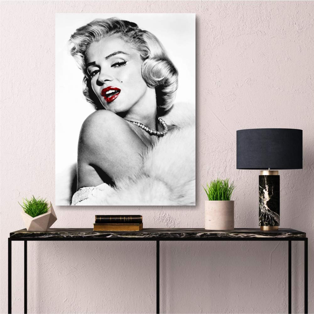 Quadri L&C ITALIA Marilyn Monroe Labbra Rosse 50 x 70 Quadro Moderno Soggiorno Camera da Letto Cucina Stampa su Tela da Parete Bianco Nero