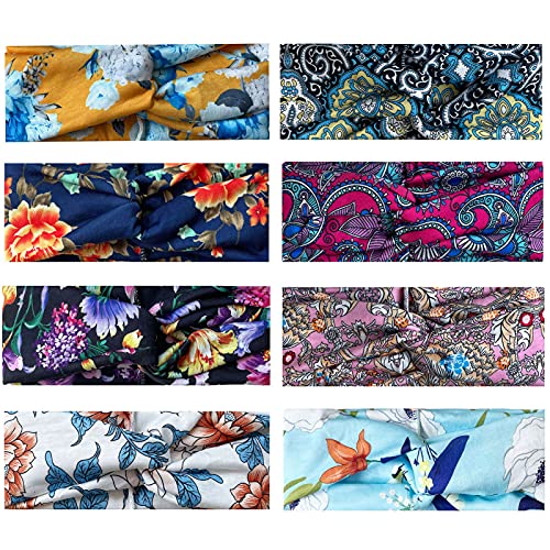 8 Pack Headbands for Women Wide Head Wrap Knotted Elastic Teen Girls Yoga Workout Hair Accessories (Color M)