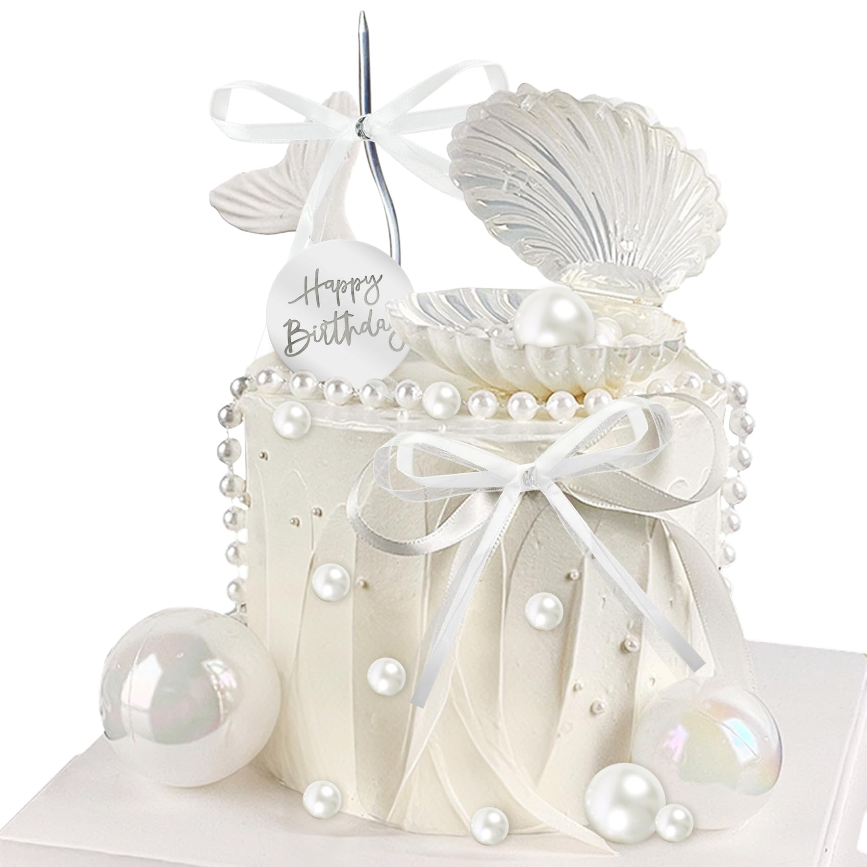 Knana 39 x Schleifen-Kuchenaufsätze, Muschelperlen, Kuchendekorationen mit "Happy Birthday"-Kuchenaufsatz für Babyparty, Partygeschenke