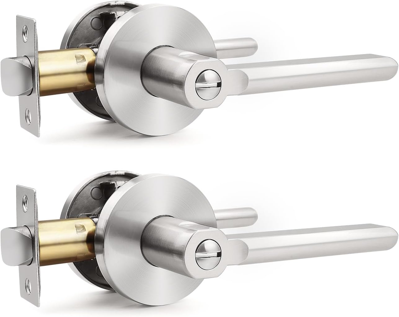 Probrico Satin Nickel Privacy Door Levers, Flat Interior Bath/Bed Door Handles, Reversible for Right & Left Handed Bedroom/Bathroom Doors, 2 Pack
