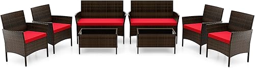 Miniatura 10 de RELAX4LIFE Juego de muebles de patio de 4 piezas – Juego de muebles de ratán para conversación al aire libre con cojines, mesa de centro de cristal