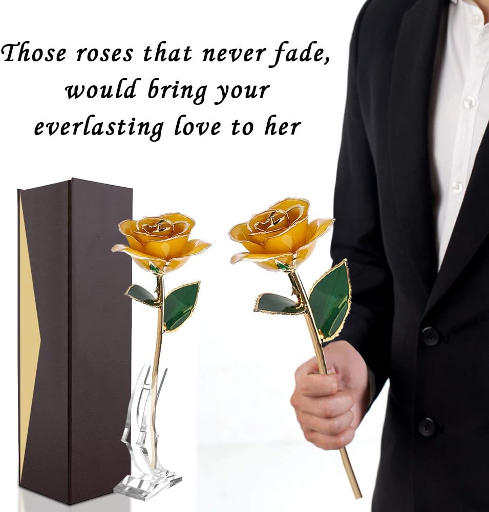 FILFEEL 24K Gold Dipped Rose, Long Stem, 11-12 Inches, Real Rose, Gold, Luxurious Elegance, Artificial Flower, Preserved Rose, Party, Jewelry, Thanksgiving, Weddings, Birthdays