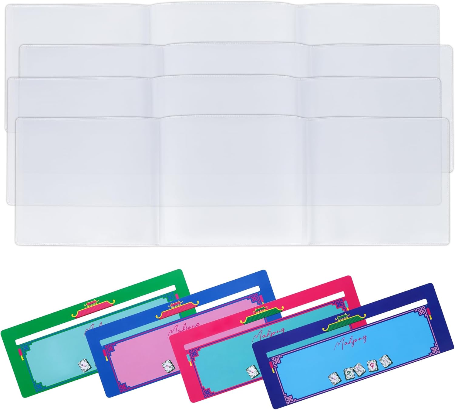4Pcs Mahjong Card Sleeves and 4Pcs Line Finders Set - Fit Large Print Size (6 1/8”x4 3/4”) with Durable Matte Anti-Glare Plastic Card Holders & Mahjong Card Guide Strategy Tool for Beginners