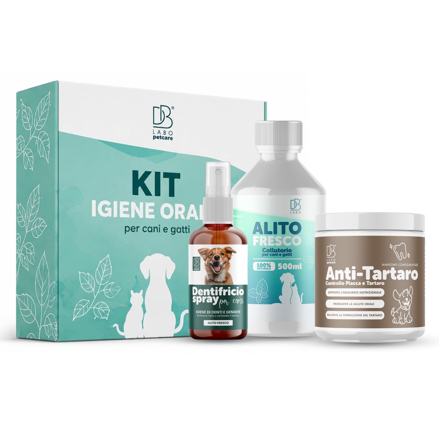 Kit Pulizia Tartaro Denti Cane Spray Dentifricio, Colluttorio, Antitartaro | Set 3 prodotti Igiene Orale Cani con salvia, menta, tea tree, propoli e alga per denti, gengive e alito cane - Made in Ital