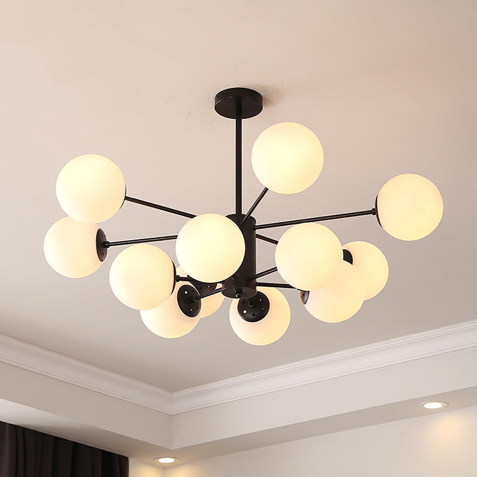 ksxnkhk Mid Century Modern Chandelier, Glass Linear Pendant Light Dimmable Light Fixture, Decorative Globe Ceiling Light for Dining Room, Bedroom, Kitchen, Easy Installation(12 Heads, Black + Cream)