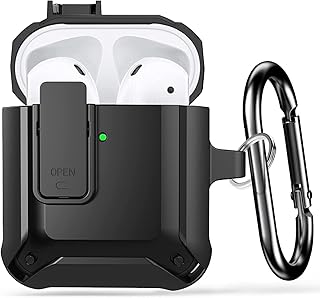 Lopnord for Airpod Case with Lock Compatible with Apple Airpods Case 2nd Generation Case, Rugged Case Cover for AirPods 1st Charging Case with Keychain for Men Women[Front LED Visible]