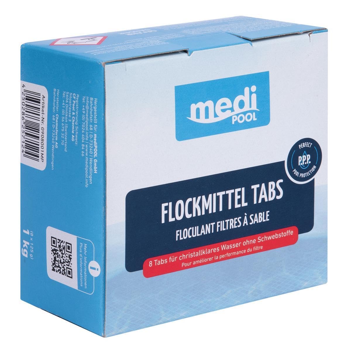 Medipool Flockmittel Tabs 3X 1 kg, gegen Trübungen, Machen feine Partikel filtrierbar, effektive Wasserpflege für Pools mit Sandfilteranlagen, einfache Anwendung, 24x 125g