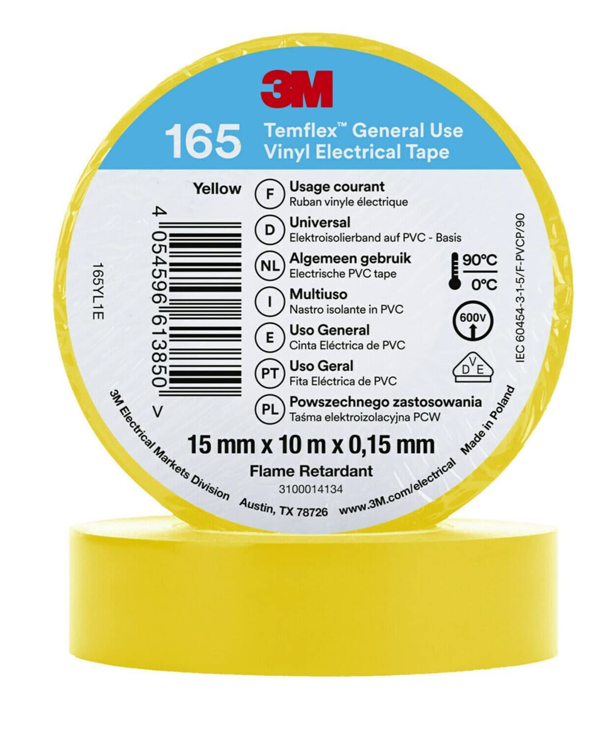 3M Temflex™ Vinyl-Isolierband 165, Gelb, 15 mm x 10 m, 100 Rollen