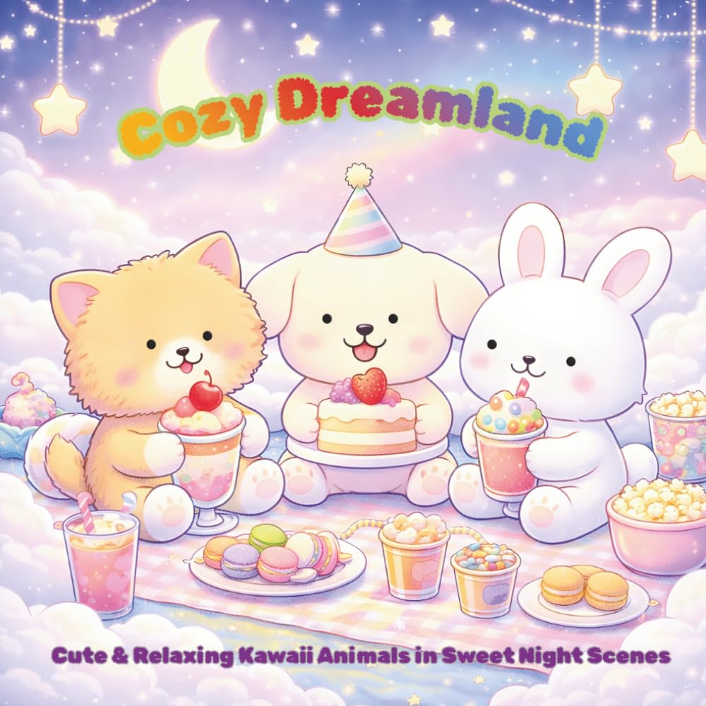 Cozy Dreamland: 40 Cute and Relaxing Kawaii Animals in Cozy Night Scenes for Stress Relief and Mindfulness