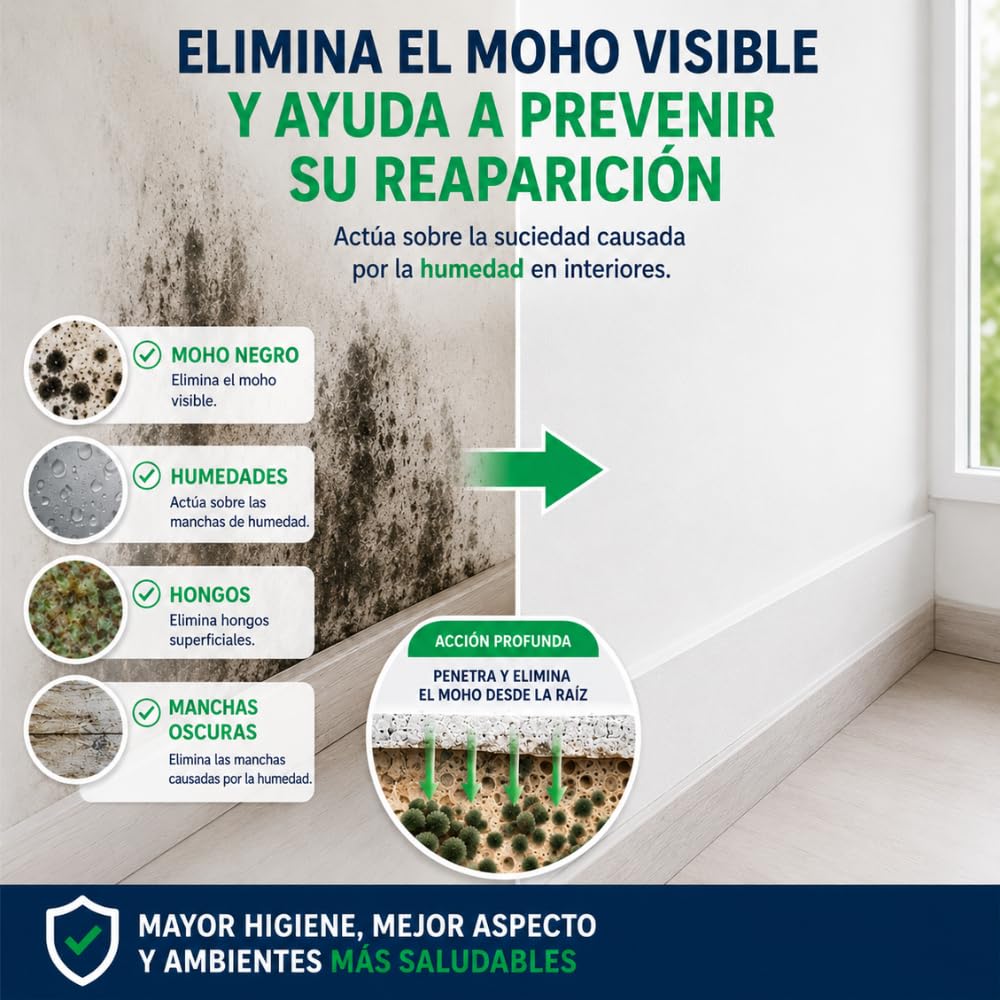 Limpiador de moho, musgo, humedades y hongos, elimina manchas de paredes, techos, azulejos y superficies, apto para superficies delicadas y duras, Lamparas de Mondo