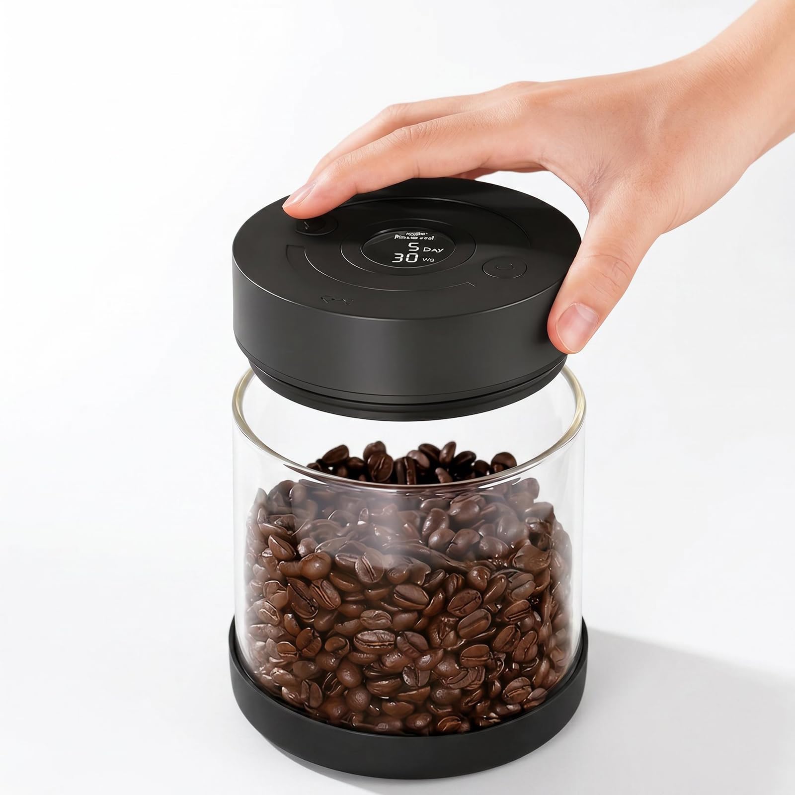 SUZLAZYR Digital Display Airtight Coffee Bean Storage Canister, Electric Vacuum Freshness Preservation Jar, Food Storage Glass Jar for Coffee Bean Grounds & Food Sealing Tea and Preserving Nuts,250g