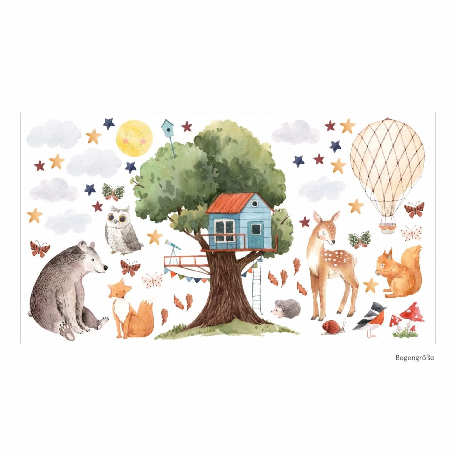 235 Wandtattoo Baumhaus mit Waldtieren Aquarell Größe 1500 x 840 mm - in 6 Größen - Kinderzimmer Sticker Wandaufkleber Wandsticker Wanddeko Wandbild