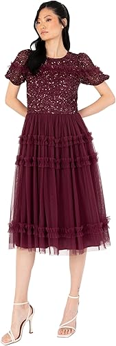 Maya Deluxe Women's Midi Dress Ladies Sequin Embellished Short Sleeve Ruffle for