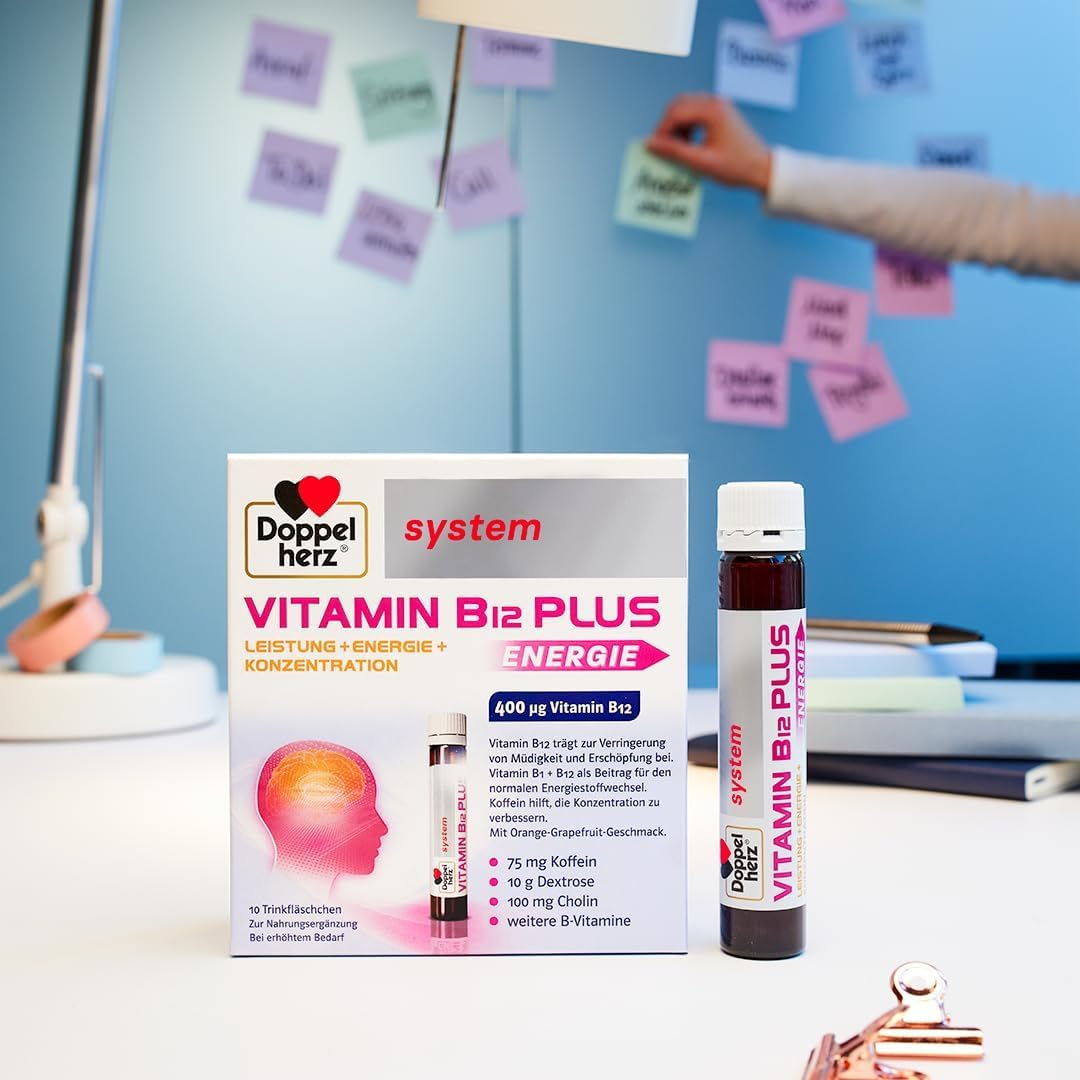 Doppelherz system VITAMIN B12 PLUS ENERGIE - Praktische Trinkfläschchen | Vitamin B12 trägt zur Verringerung von Müdigkeit und Erschöpfung bei - vegan, lactose- & glutenfrei - 2 x 30 Trinkfläschchen