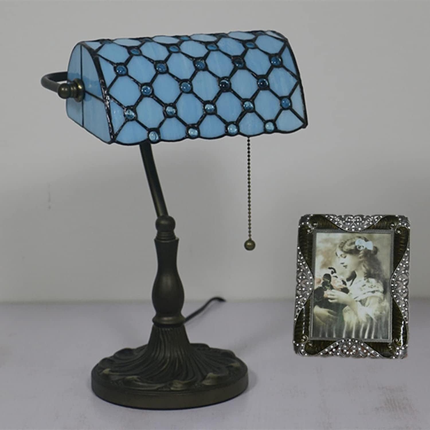 Bankiers Tischlampe, farbige Glaslampe, Kristallperlenschreibtischlampe, Schlafzimmer in der Nacht Leselampe (Meeresblau -Glasperlen Schatten) Innovate