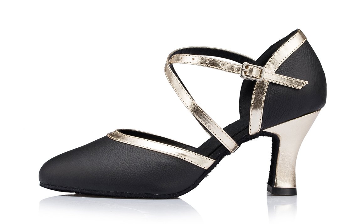 TDA Women's Closed Toe Mid Heel Black Leather Classic Salsa Tango Ballroom Latin Modern Dance Wedding Shoes 7 M US