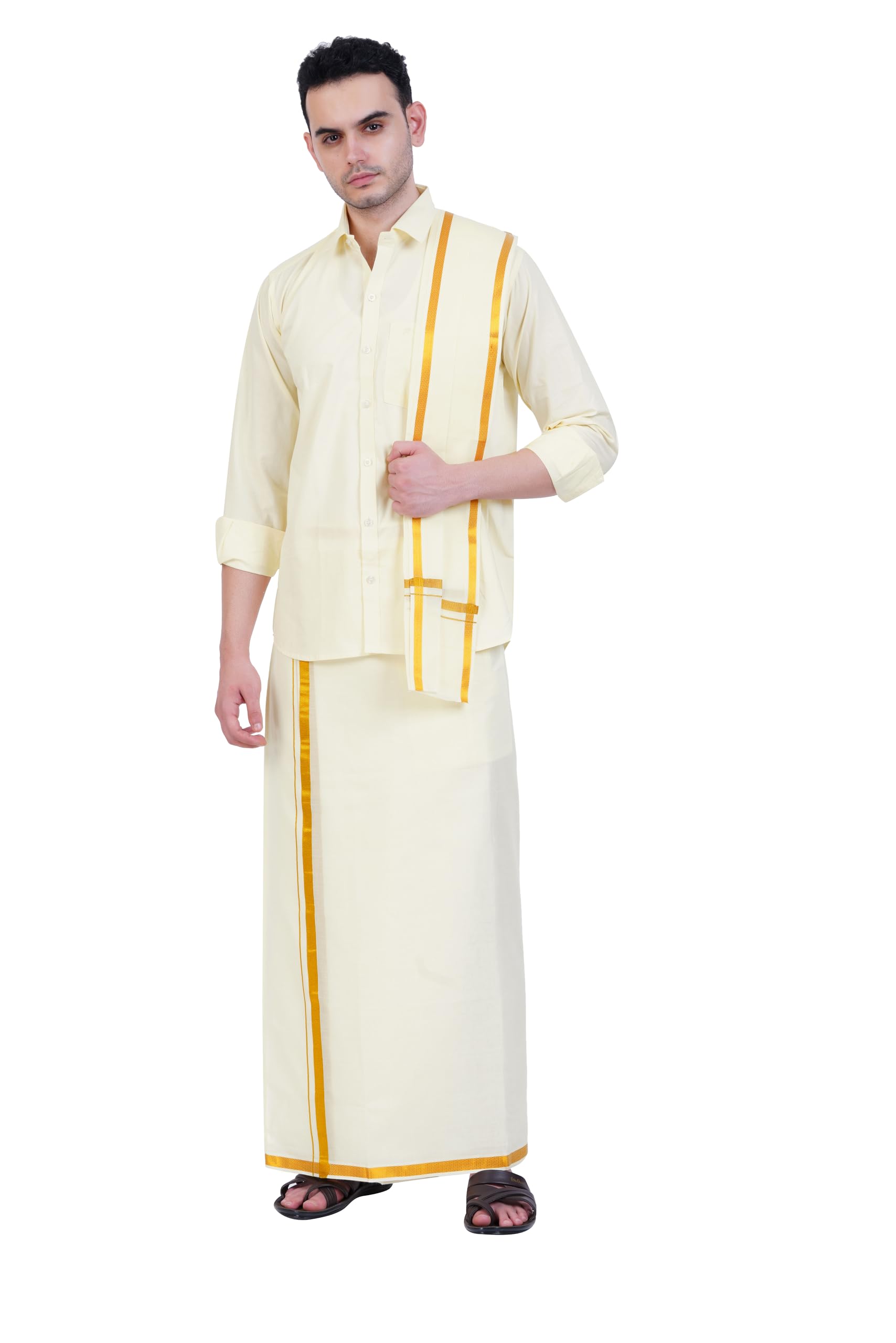 Prakasam Cotton Mens Cotton Wedding Set- A Pure Cotton Full Sleeve Cream Shirt + A Pure Cotton 8 Yard Dhoti (1.28X3.70 Mtrs) + Single Cream Colour Towel