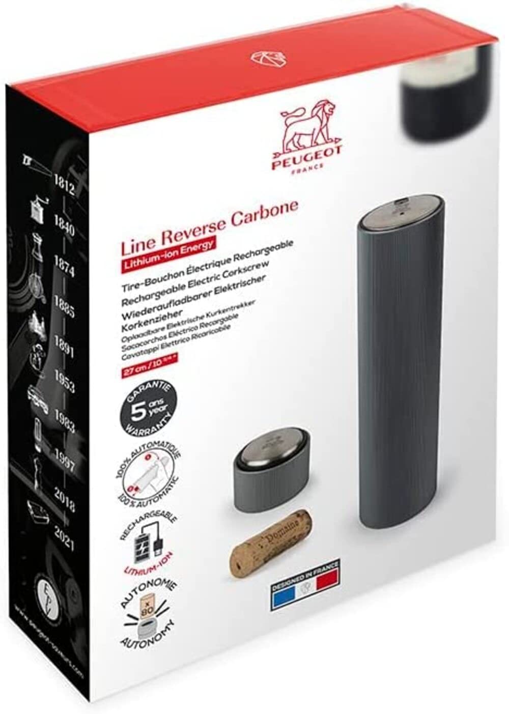 Peugeot Line Reverse Automatic Rechargeable Electric Wine Opener/Corkscrew, Carbon Dark Grey