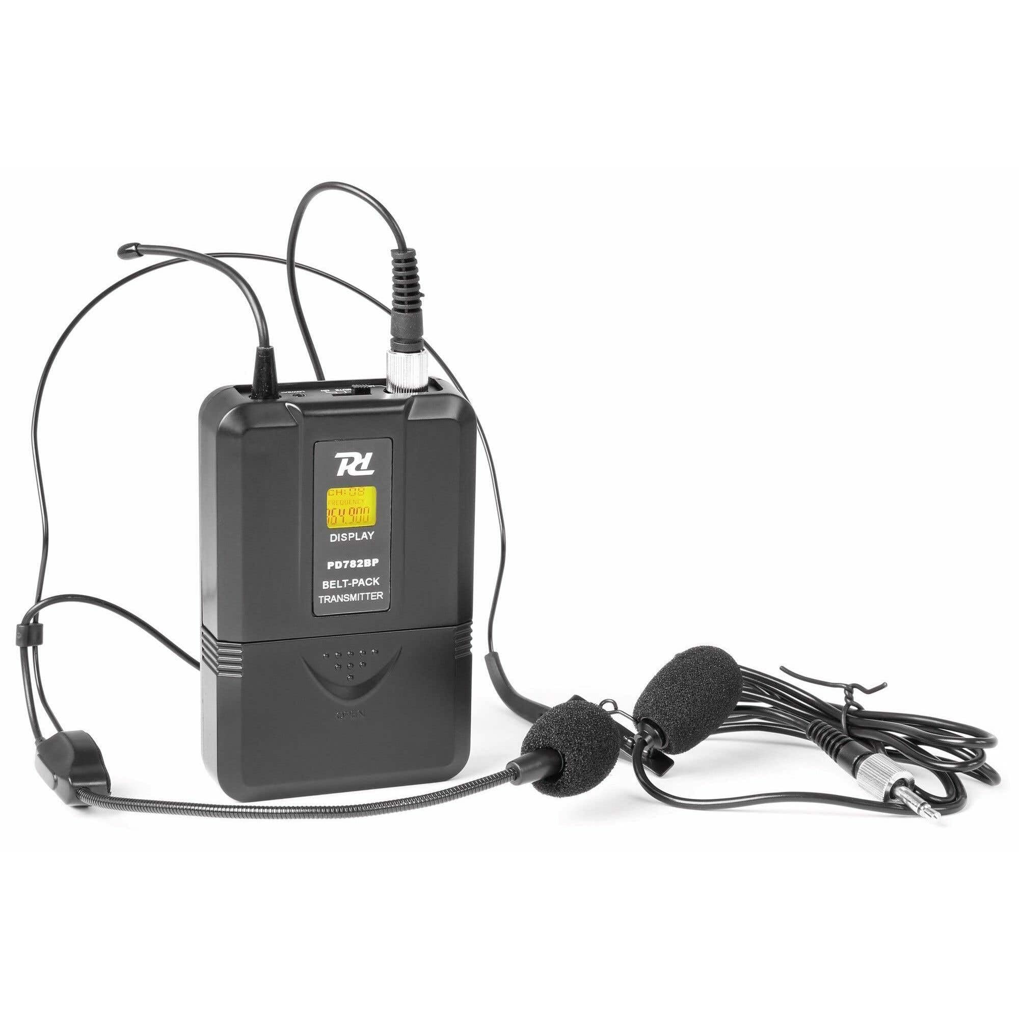 Power Dynamics PD782BP Petaca Transmisora para Micrófonos Inalámbricos de Serie PD780, con Microfono Solapa y Micrófono de Diadema Color Negro Incluidos, Petaca para Micro Inalambrico
