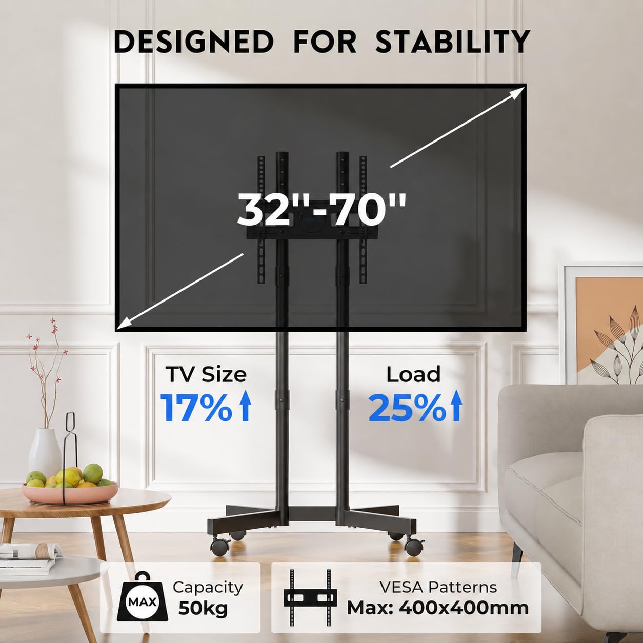 BONTEC TV Ständer Rollbar für 32-70 Zoll, TV Stand with Wheels, Höhenverstellbar, Fernsehständer mit Rollen und Kabelmanagement, Max. VESA 400x400mm, 50kg, Schwarz