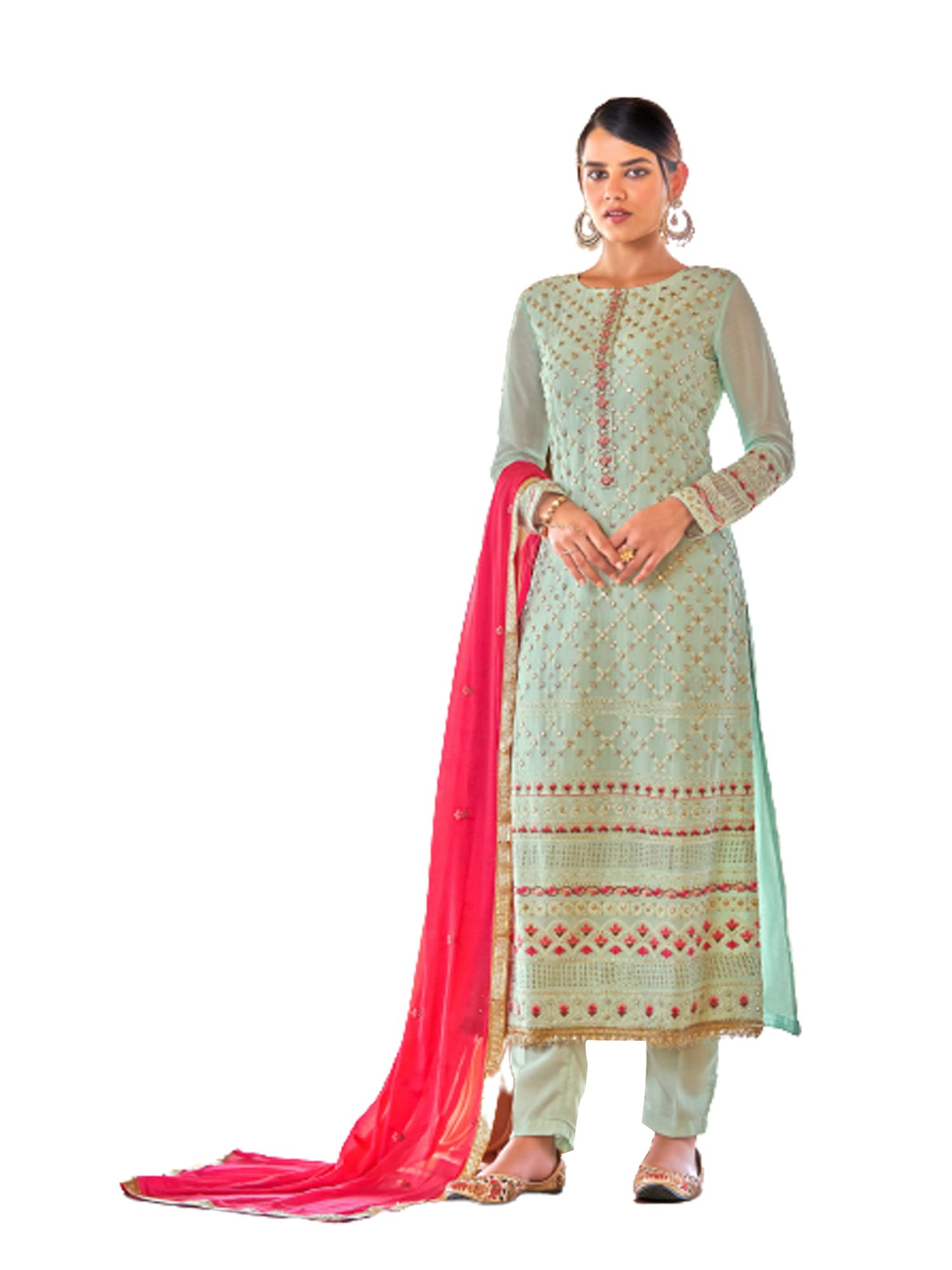 ETHNIC Pure Georgette Embroidery & Foil Mirror Muslim Women Festival Pant Suit Party Wear Girls Trendy Dress 2122