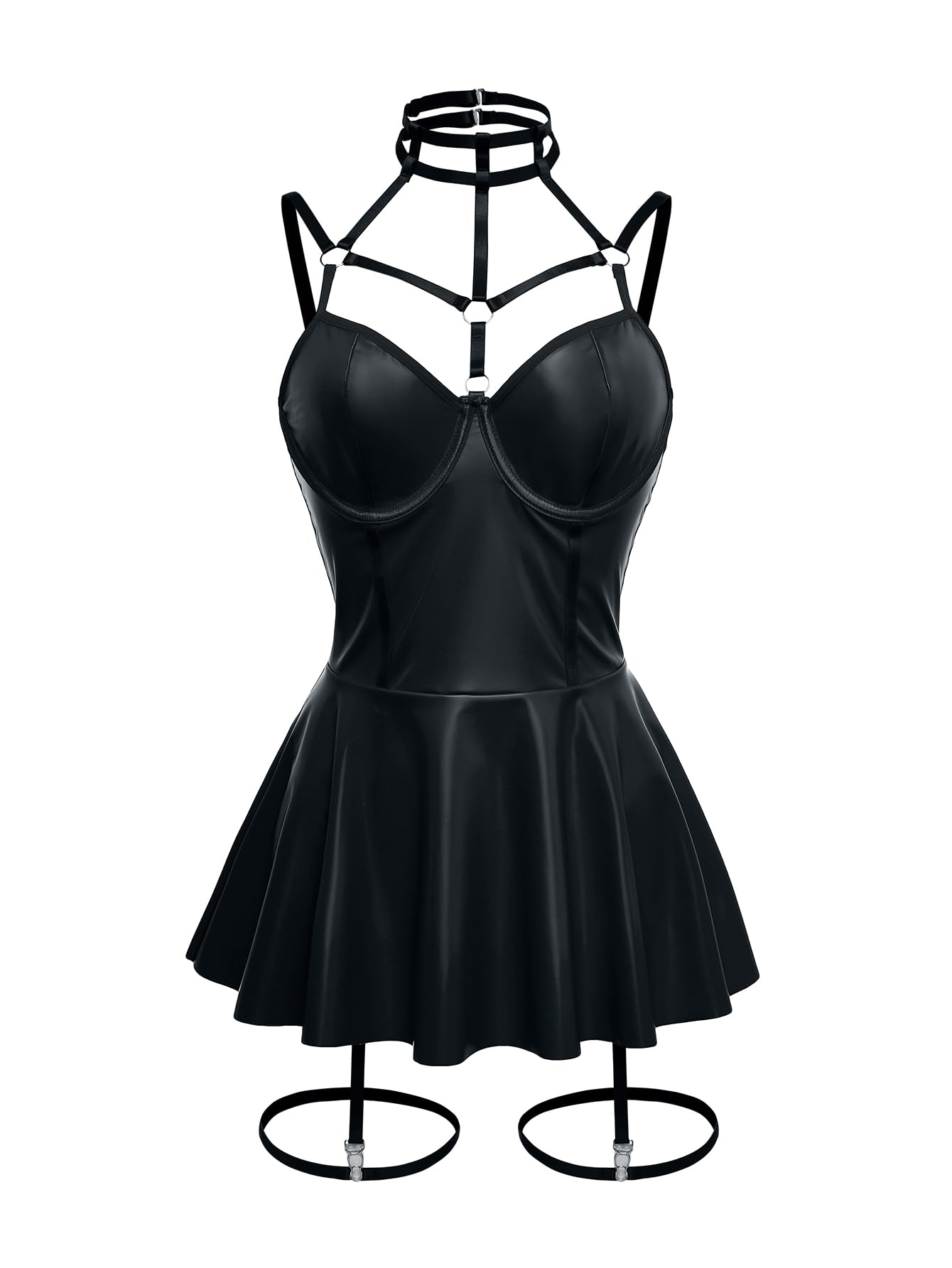 Foxiny Sexy Strappy Leather Underwire Choker Garter Belt Mini Lingerie Set Dress with Thong 3 Piece: Plus 3X-Large Plus Black