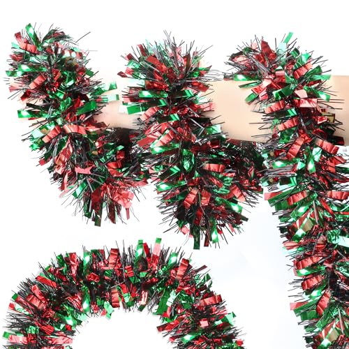 Guirnalda de oropel de Navidad de 50 pies, color rojo, verde y negro, guirnalda metálica brillante para decoración de árbol de Navidad, guirnalda colgante de Navidad para el hogar, manto, escalera,