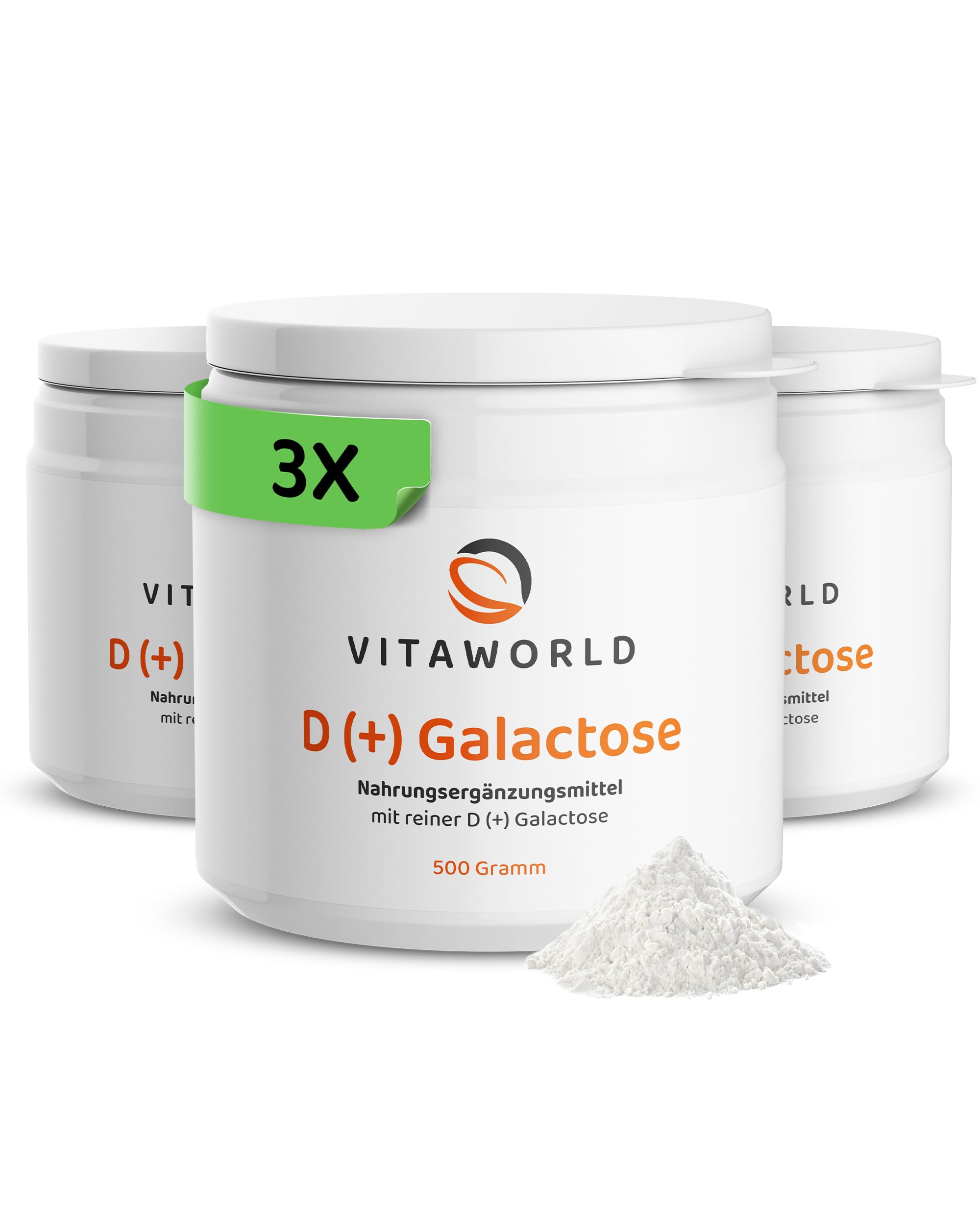 vitaworld D(+) Galactose Pulver, 3 Dosen (je 500g) | 120-Tagesvorrat, Einfachzucker für das Gehirn, ohne Zusätze, vegetarisch, glutenfrei und laktosefrei