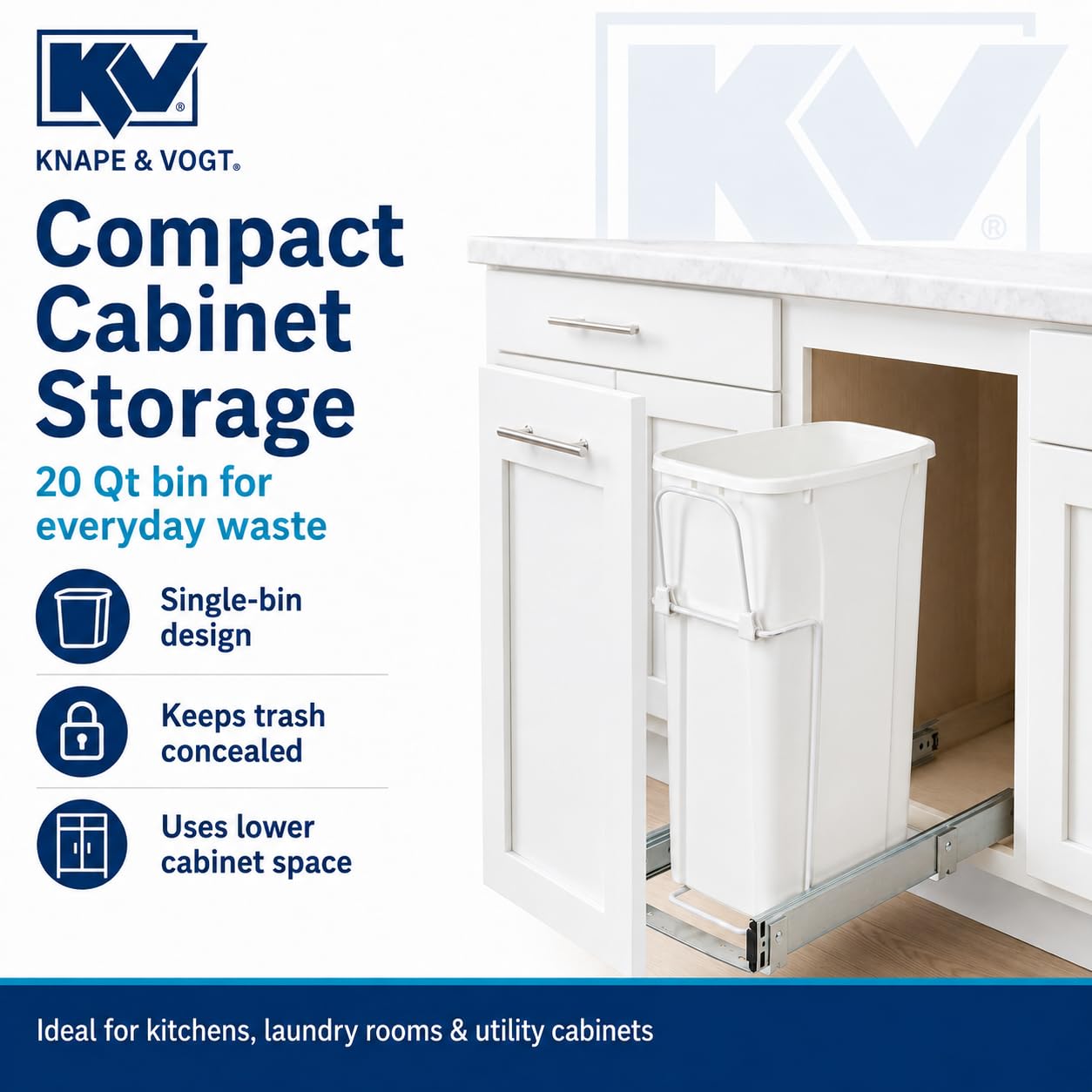 Knape & Vogt RS-PSW9-1-20-W Abfalleimer, 43,2 x 20,3 cm (H x B x T), Stahl, 20 Qt. Einzelner weißer ausziehbarer Mülleimer