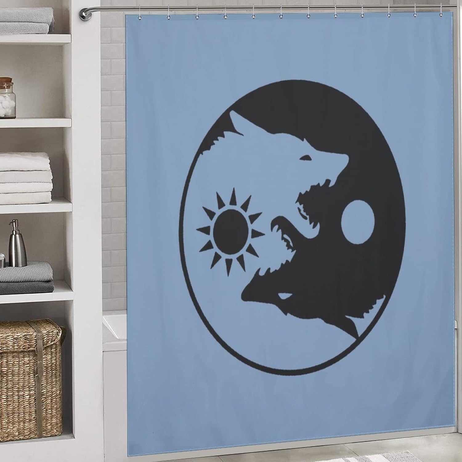 陰陽狼日月 シャワーカーテン フック付き 防水 装飾バスカーテン バスルーム アパートメント用