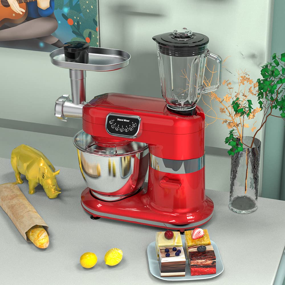 Stand Mixer, 8.5QT 8 in 1 Multifunctional Kitchen Electric Mixer with Dough Hook, Whisk, Beater,Meat Grinder, Blender, Pasta attachment, 5-Speed with LED Key (Red)