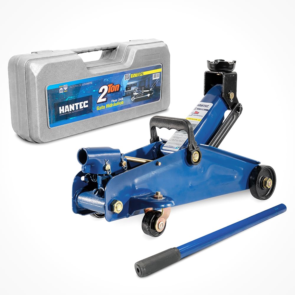 Hantec Hydrauliczny podnośnik podłogowy o pojemności 2 tony, podnośnik z zaworem bezpieczeństwa, kołami obrotowymi i twardą walizką, udźwig 2 kg, niebieski
