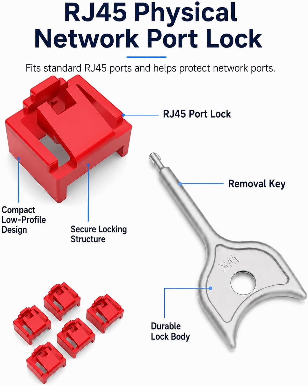 24-Pack RJ45 Port Locks with 2 Keys,Security Network Port Lock & Dust Cover,Female RJ45 Connector Blocker Cap Protector for Computers,Servers, Routers & More (Red)