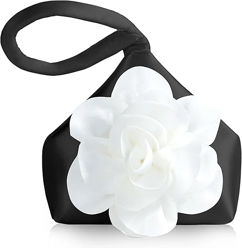 Miniatura 8 de BABEYOND Bolsos de mano para mujer, bolsos de noche de satén con flores, bolso de pulsera elegante para fiestas, uso diario, boda Rojo,Negro,negro