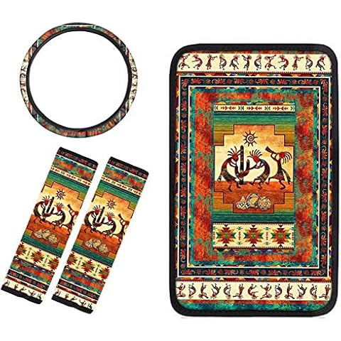 Pensura Tribal Kokopelli Printed Steering Wheel Cover Fit for 15inch+Center Console Armrest Cover+2Pcs Seat Belt Pads Soft Car Interior Cover Sets Car Accessories Decor Cover
