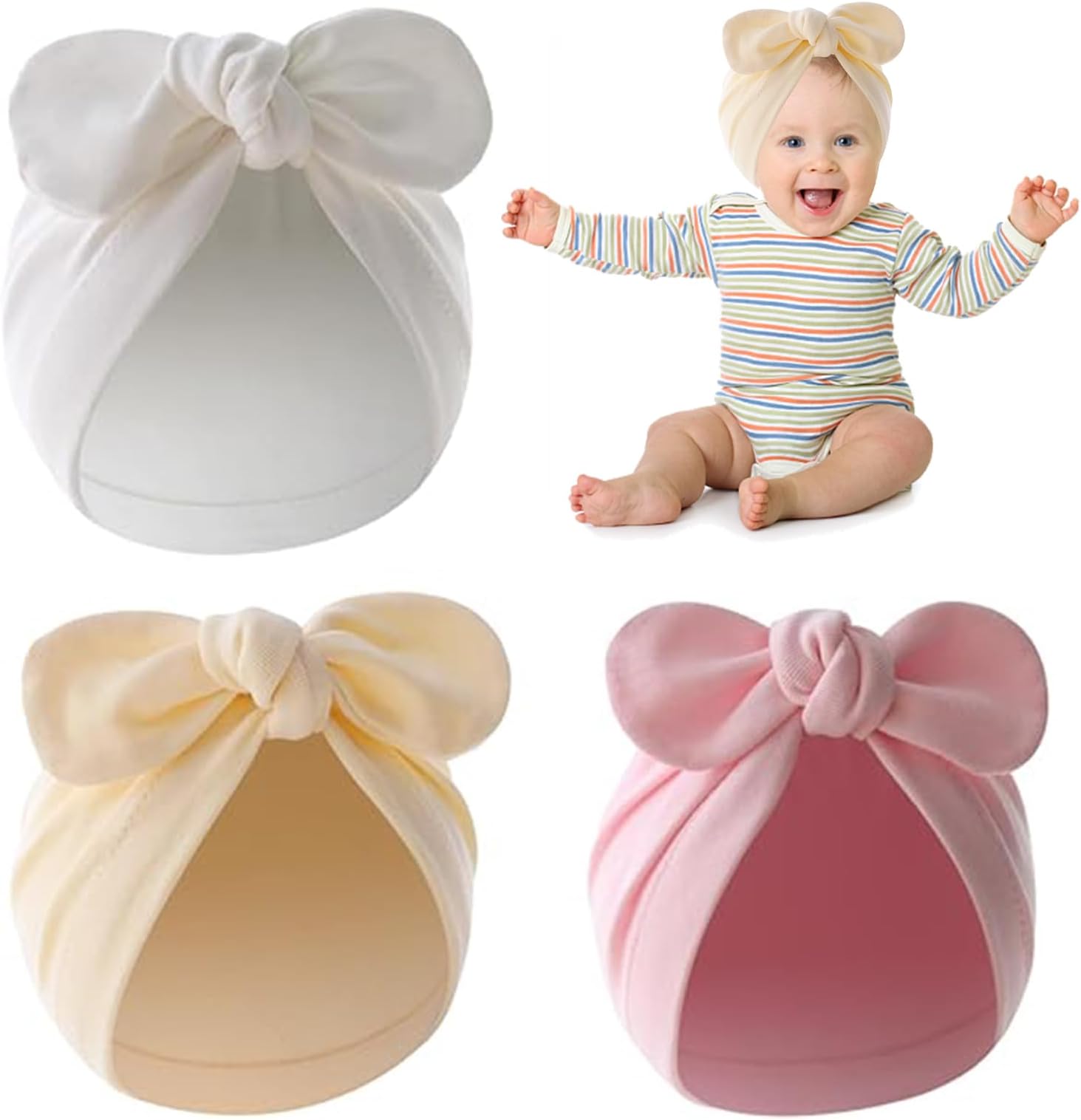 3 Pcs Newborn Baby Hats, Stretchy Turban Hats, Cotton Toddler Head Wrap Caps for Nursery Hospital, Baby Toddler Hats with Bow, Baby Beanie Cap for Infants Girls Boys 0-2 Years