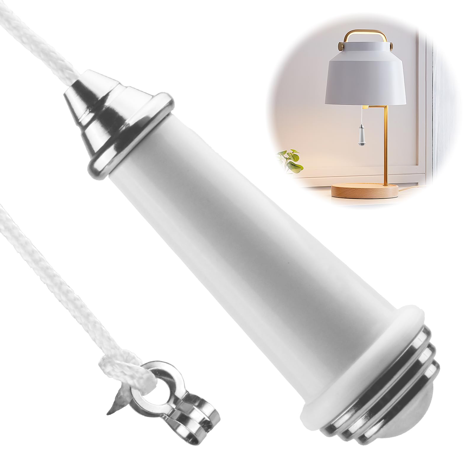 JUGCUT Luxury Chic Porcelain Bathroom Light Pull Cord switch for bathroom or wall Handle With 100cm Light Pull Cord Extension Chrome for Bathroom Toilet Light Ceiling Light Fan Switch (WHITE)