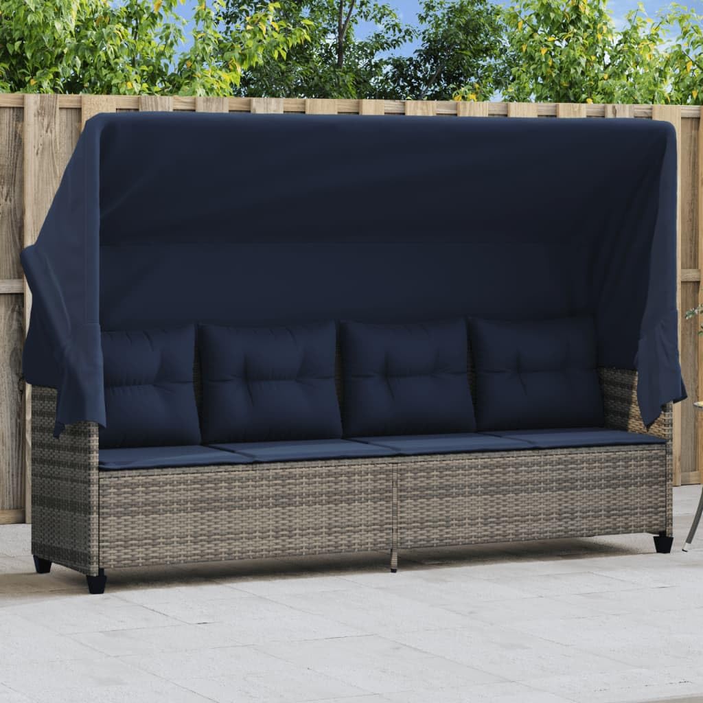 Sonnenliege mit Dach und Kissen Grau Poly Rattan, relaxliege wetterfest gepolstert, verstellbar für Garten Balkon Terrasse Pool, ergonomisch mit armlehne und UV Schutz