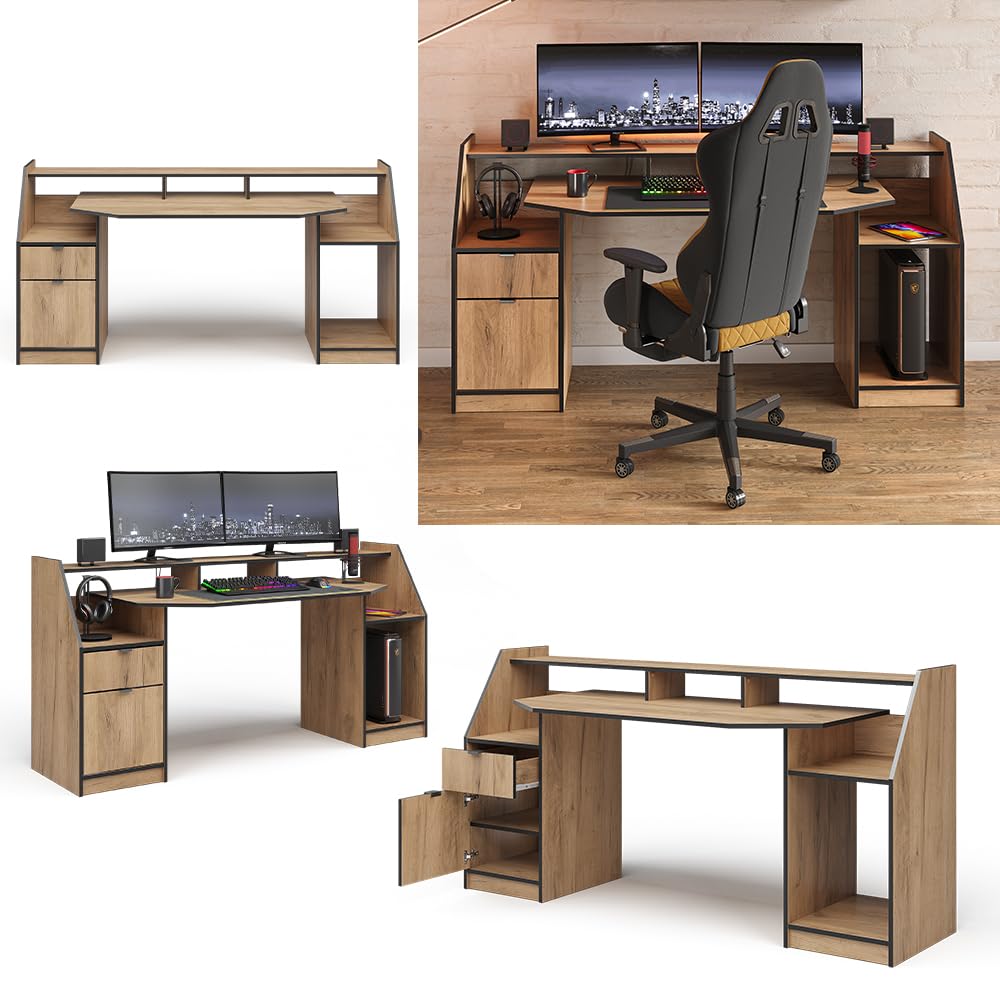 Vicco Gaming-Tisch Joel, Goldkraft Eiche, 179.8 x 65.5 cm | mit 1 Schublade und 1 Tür, mit Ablageflächen für Zubehör und erhöhtem Monitoraufsatz